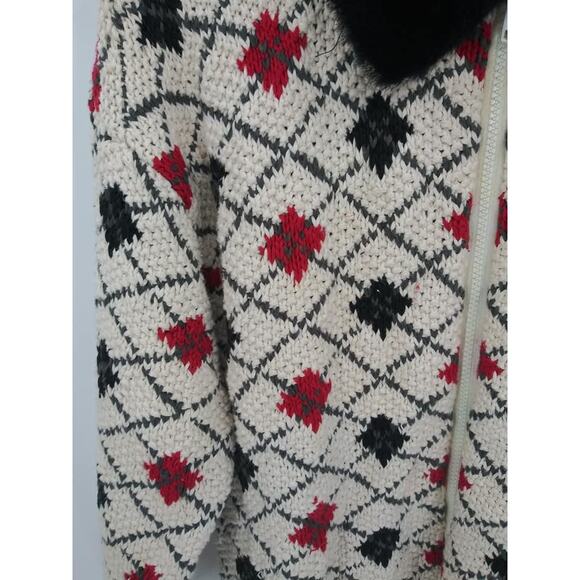 Elana Carello Cream Diamond Print Zip Front Faux Fur Collar Grandma Cardigan Med - Picture 6 of 9